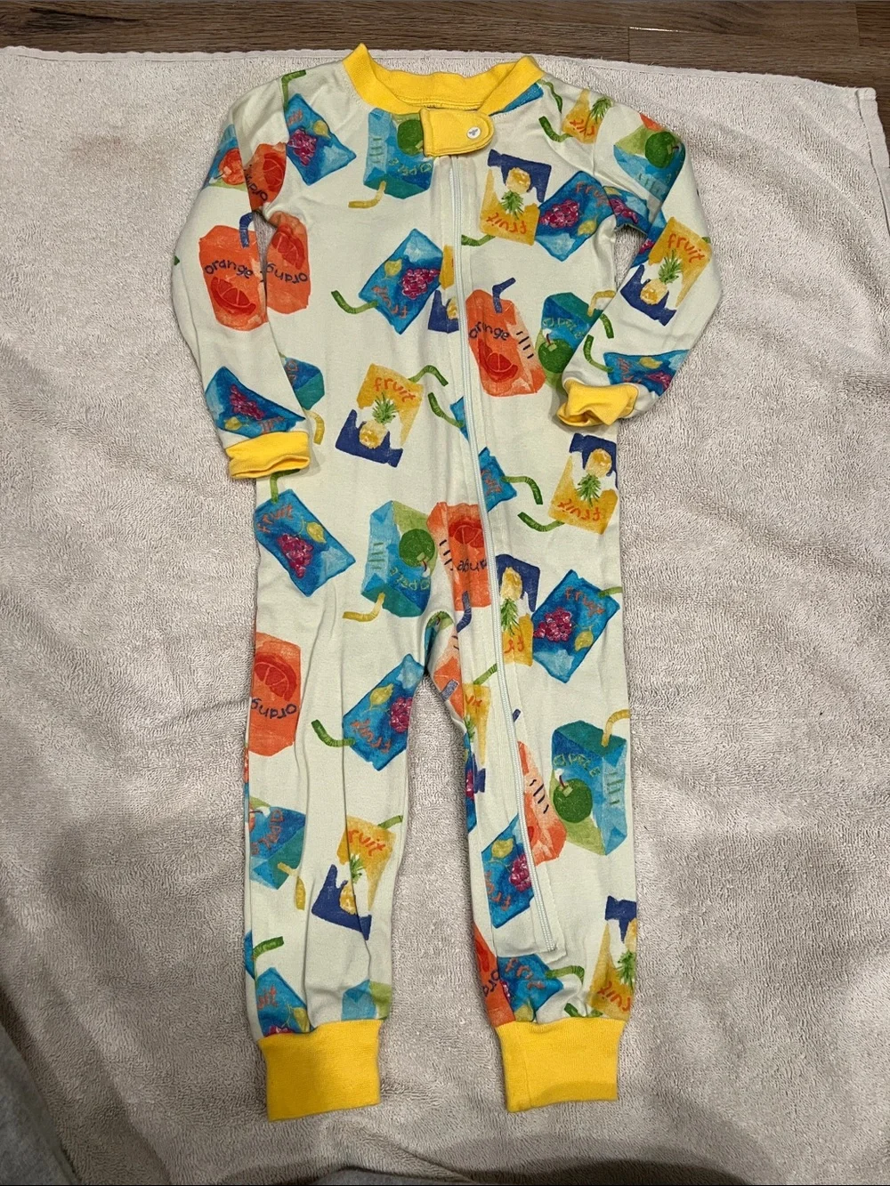 Burt's Bees Cream Footie with Yellow Trim and Multicolor Juice Box Print